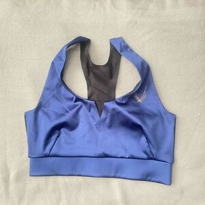 Lucas Hugh London Satin & Mesh Sports Bra - Blue/Black Racerback.  CONT N